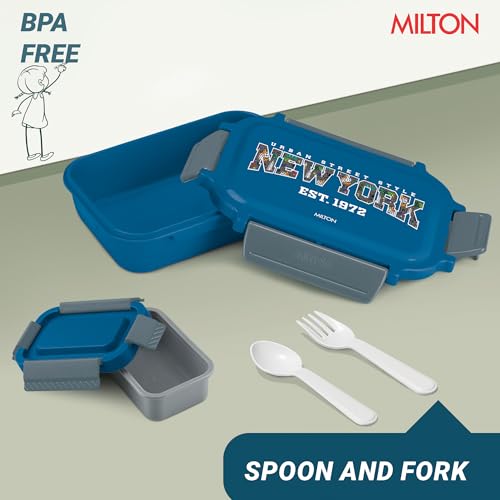 Image of MILTON Super Sherry Tiffin Lunch Box for Kids Boys & Girls with Leak-Proof Inner Container| Food Grade,BPA Free,Compact & Durable Snacks Box for Kids I Plastic Spoon & Fork, 780 ml, Blue