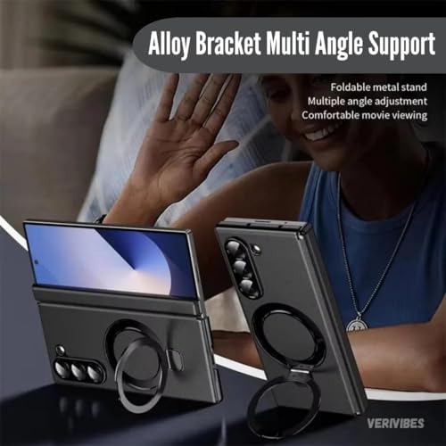 Image of Premium Leather Texture Case Compatible with Samsung Galaxy Z Fold 6 | Magnetic Ring Kickstand | 360 Hinge Protection | Slim Shockproof Back Cover - Black