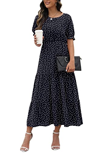 GRECERELLE Women's Summer Casual Loose Round Neck Boho Dress Floral Print Ruffle Puff Sleeve High Waist Midi Beach Dress