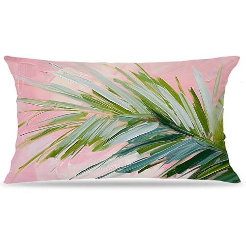 Image of Summer Pink and Green Tropical Palm Leaf Decorative Throw Pillow Cover Decor 12x20,Palm Leaf Botanical Decorative Lumber Beach Plant Throw Pillow Cover for Cabin Couch Double-Sided