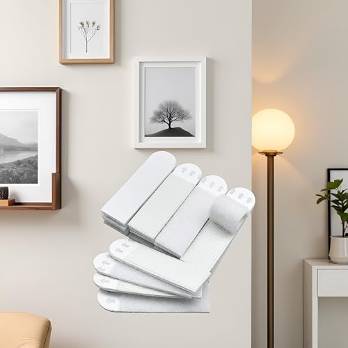 Image of 12pcs White Small Large Picture Hanging Strips, Removable Hook and Loop Tape, Picture Hanger Damage Free,Picture Hanging Hardware, Adhesive Strips e for Frame Hanging(16x46mm)