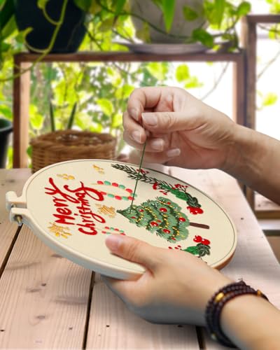 Image of TINDTOP Christmas Embroidery Kit for Adult, 5 Pack Embroidery DIY Starter Kit, with Stamped Patterns, Hoop, Tools, Colorful Threads with Needles, Instructions | 5 Pack with Stamped Patterns, Hoop, Tools, Colorful Threads with Needles, Instructions