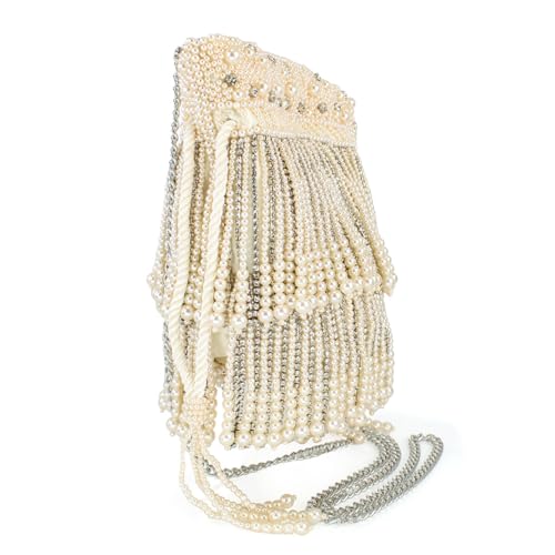 Mary Frances Elegant Pearl Beaded Crossbody Handbag Rhinestone Drawstring Novelty Evening Purse with Removable Chain Strap, Ivory4