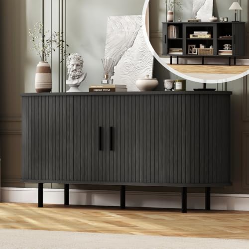 BREEZEHEAT 55'' Mid Century Modern Fluted TV Stand-Curved TV Cabinet with Storage, Sliding Doors & Adjustable Shelves-Entertainment Center for TVs Up