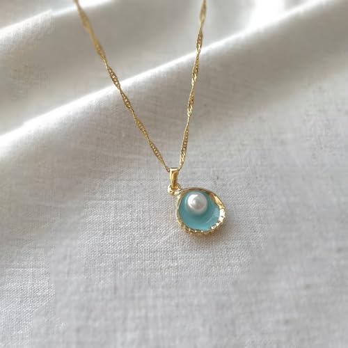 Shell Pearl Necklace Charm Necklace Beach Jewelry for Women Dainty Gold Chain Simple Summer Jewelry Blue Seashell Jewelry Gifts for Women 6