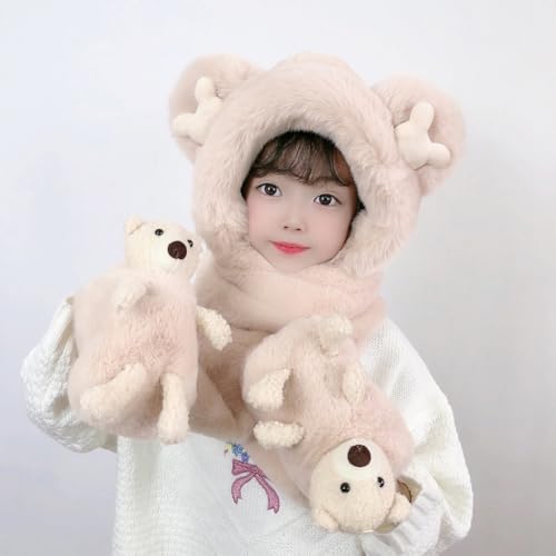 Zcargel Childrens Winter Hat and Scarf Set 3 in 1 Cartoon Bear Hooded Scarf Cute Bear Beanie Children Plush Pocket Glove Set2