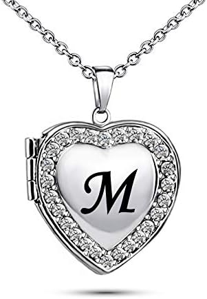KunBead Jewelry Love Heart Photo Picture Locket Necklace Name Letter Initial Alphabet Pendant Necklace for Women Girls