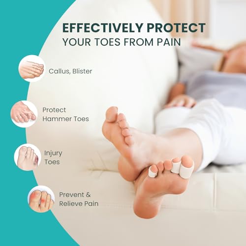 Image of Promifun Silicone Toe Protectors - 12 Pack Silicone Toe Sleeve for Hammer Toes, Corns, Calluses, Blisters - Soft Gel Toe Tube Pads for Pain Relief(Multi Sizes, White)