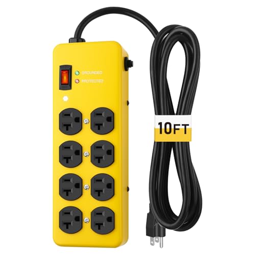 KeBen Extensión 20A Heavy Duty Power Strip Protector contra Sobretensiones, Amarillo, Calibre 12, 8 tomas, 10 pies miniatura 1