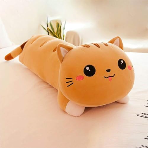 Image of Tickles Cat Soft Stuffed Plush Bolster Pillow Toy for Kids Birthday Gift (Size: 80 cm; Color: Brown)