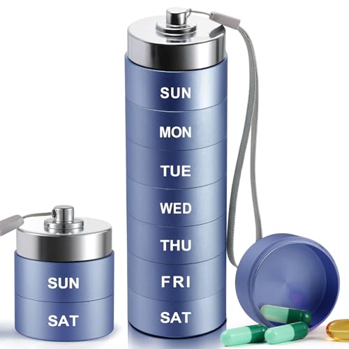 Metal Weekly Pill Organizer Large Travel Pill Box Portable Aluminum Alloy Waterproof Container 7 Day Daily Medicine Organizer Holder for Vitamin Fish Oil Supplement Dark Blue