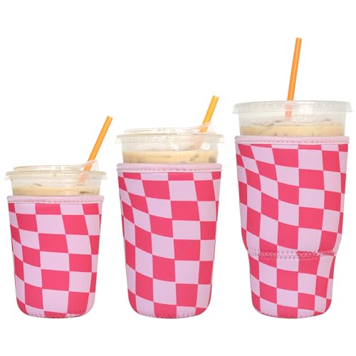 Image of 3 Pack Reusable Iced Coffee Sleeves - Xumbtvs Insulator Sleeve for Cold Beverages, Neoprene Coffee Cup Holder (Pink Chessboard)