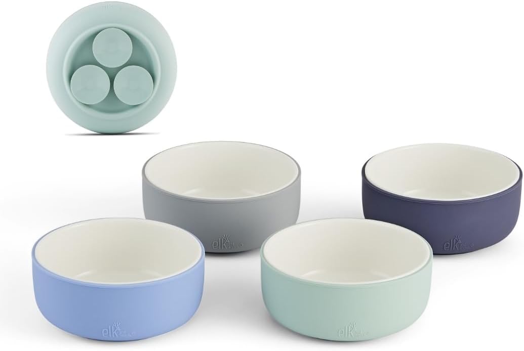 Elk and Friends Kids Porcelain Bowls with Silicone Suction Sleeves | Suitable for Babies/Toddlers | Microwave & Dishwasher Safe | Stay Put Dinnerware | Snack Dishes | 4 Pack