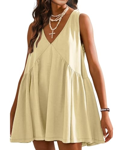 Image of Women's Summer V Neck Sleeveless Mini Dress Casual Loose Pleated Swing Flowy Sundress with Pockets