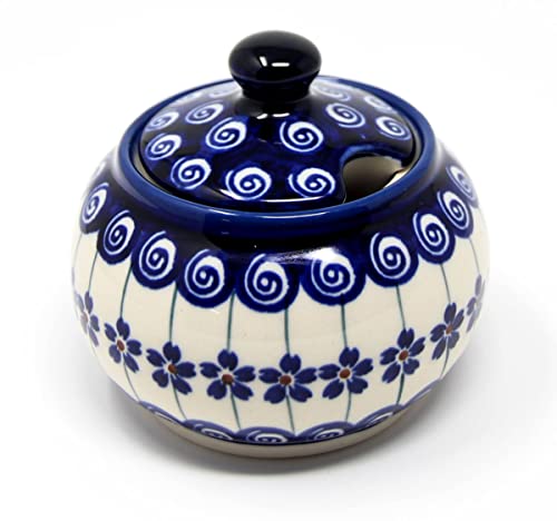 Polish Pottery 10 Oz. Sugar Bowl from Zaklady Boleslawiec Poland Handpainted in Floral Peacock Swirl