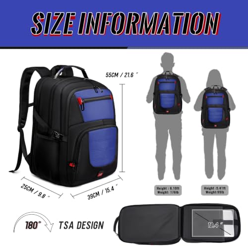 Image of 55L Gaming Laptop Backpack, Fits 18.4-19 inch Laptop, Blue | 180 TSA-Friendly Carry On Design with Padded Laptop Compartment, Water-Resistant, Adjustable Strap, Handle for Men Women
