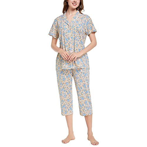 Image of Tugege Capri Pajamas Set Womens Button Down Short Sleeve Lounge Sets Sleepwear Notch Collar Top & Capri 2 Piece PJ Sets