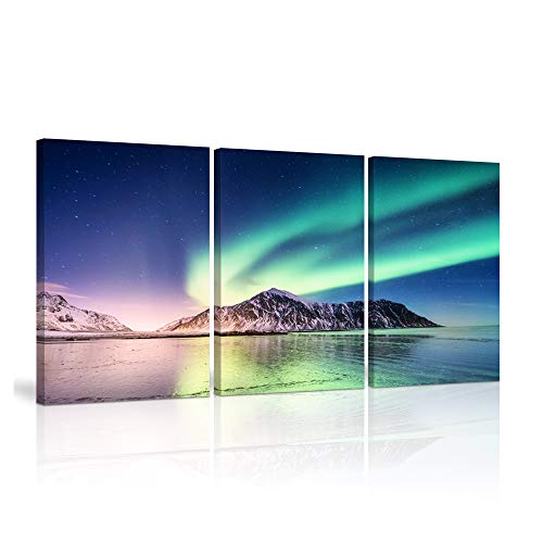 KALAWA Aurora Scenery Painting Print on Canvas Orealis Iceland Landscape Northern Light Canvas Wall Art for Living Room Framed Ready to Hang (12" W x 16" H x 3 Panels, Aurora Scenery picture02)