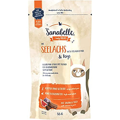 Sanabelle Snack Abadejo e Higo | Deliciosos mini palitos de carne para gatos adultos | 20 x 55 g