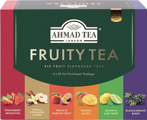 Ahmad Tea Fruity Tea Schwarztee Sortiment mit Fruchtgeschmack - 6 Sorten Erdbeere Vanille-Zimt-Apfel Pfirsich-Passionsfrucht Mango Zitrone-Limette Johannisbeere 60 Teebeutel