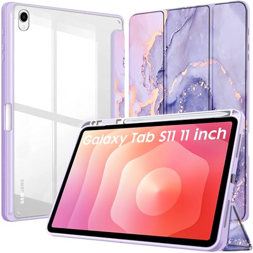 Image of Robustrion Cover Case for Samsung Galaxy Tab S11 11 inch Cover with [S-Pen Holder], Hybrid Flip Cover Case for Samsung S11 Tablet 11 inch with Transparent Back [Auto Sleep Wake] - Marble Lilac