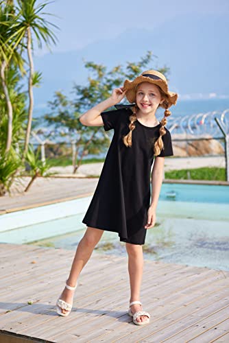 Boyoo Baby Toddler Girls Cotton Dress Black Short Sleeve Crew Neck A Line Pure Color Casual T Shirt Dress #TOP1