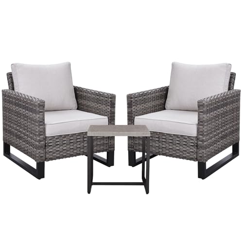 Outdoor Chair Patio Furniture Chairs – 3 Piece Wicker Patio Furniture Set,3PC PE Rattan Patio Bistro Set with Cushions and Side Table for Proch Deck Garden Backyard Balcony(Mixed Grey/Beige)