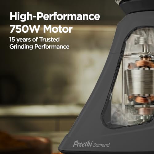 Image of Preethi Diamond 750 Watts Mixer Grinder | 3 Stainless Steel (SS) Jars + Flexi Lid | Ideal for Masalas, Chutneys & Batters | Lifelong Free Service, Black