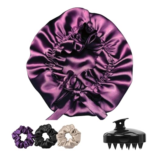 Image of Atrube's Silk Satin Hair Bonnet Reversible with Adjustable Tie Band Wrap Satin Wrap with Hair Scalp Massager Shampoo Brush and 3 Scrunchies (Mulberry)
