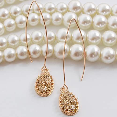 Simulated Druzy Dangly Threader Earrings - Gold, Silver, or Rose Gold Tone Long Simple Boho Hoop Drop Dangles with Sparkly Oval Stone3