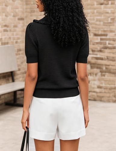 Image of Watashi Womens Ruffle Collar Puff Short Sleeve Cardigan Knit Crop Top | Peter Pan Collar Crochet Knitted Summer Fall Casual Work Wear Sweater