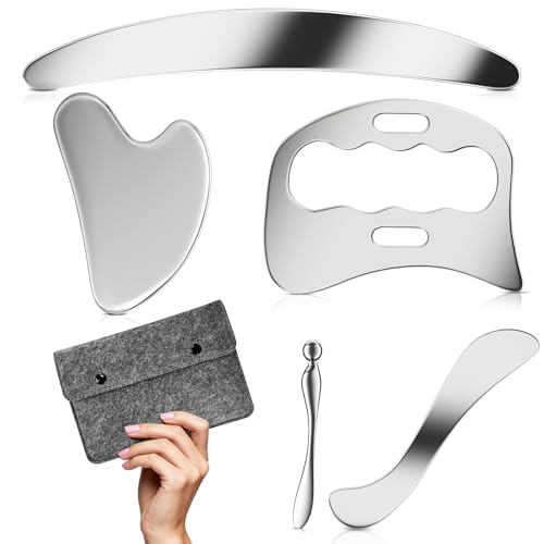 VDTEB 5 in 1 Muscle Scraper Tools Kit - Stainless Steel Gua Sha Massage Tools for Physical Therapy, Derma Edge Scraping for Face & Body, 5 PCS Guasha Set for Deep Tissue & Relaxation（5 PCS） (Grey)