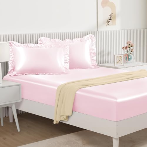 Image of Homiest Blush Pink TwinXL Ruffle Pillowcase & Satin Fitted Sheet Set 2Pcs | Silky Satin Protects Hair And Skin, 15-Inch Deep Pocket, Pearlescent Romantic Rosy Glow, Easy Machine Wash Care