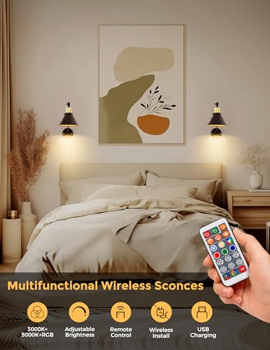 Image of DORESshop Battery Operated Wall Sconce, Dimmable and Adjustable Color Temperature Wireless Wall Sconces Set of Two with Remote Control, Swing Arm Wall Sconce for Bedroom Bedside Hallway Kitchen
