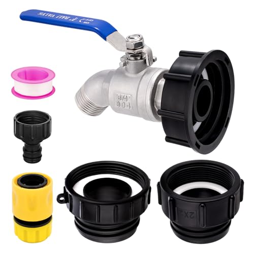 3-Size IBC Tote Adapter Kit, 275-330 Gallon IBC Tote Water Tank Hose Fittings, 2.44" Fine, 2" Fine and 2" Coarse Thread, 3/4" Heavy Duty 304 Stainless Steel Faucet for Garden Hose Connector