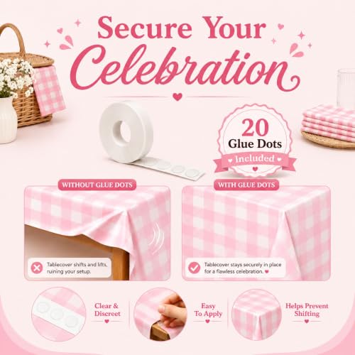 Image of Blue Orchards Pink Gingham Table Cover (Pack of 3 with 20 Glue dots) - 54 inchx108 inch XL - Pink and White Checkered Plaid Picnic Tablecloth, Baby & Bridal Shower Decoration, Outdoor Birthday Party Supplies