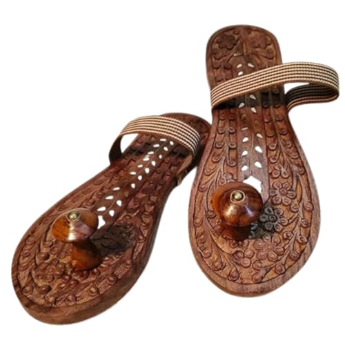 Image of Khadau Chappal for Men & Women | Handcrafted Rosewood Paduka with Brass Inlay & Floral Carving | Traditional Pooja Slipper for Mandir, Temple, Spiritual Use (Size 10.5 inch)