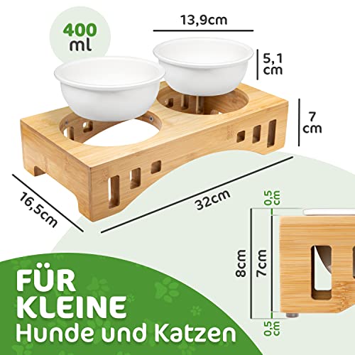 giriniwee Qualitäts Futter Bar mit Zwei 400ml Porzellannäpfen im Bambusgestell, erhöhte Doppelschale für Katzen, Kitten, kleine Hunde, Welpen und andere kleine Haustiere