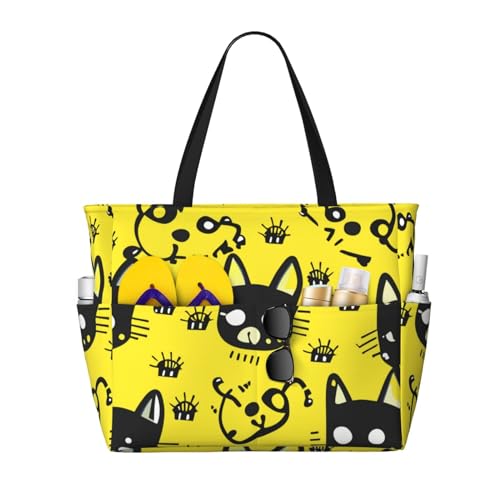 VOSERY Bolsas de playa grandes impermeables a prueba de arena, lindo gato n.º 1103, bonitas bolsas de playa para mujer con cremallera