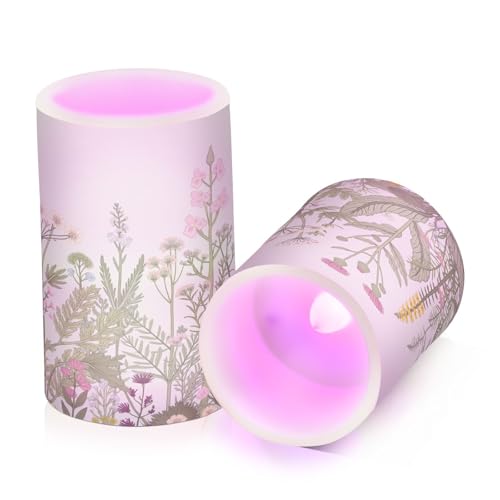 Image of Flickering Flameless Candles, Flowers Herbs Wildflowers Botanical LED Candles with Remote Timer, Set of 2 Battery Operated Candle for Valentine Wedding Birthday