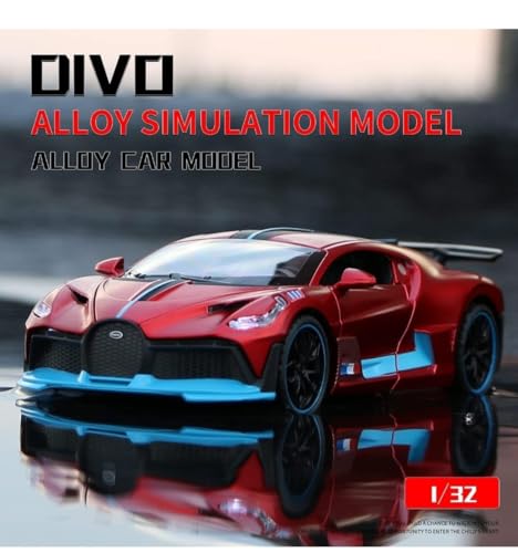 Image of DREAMY DEN Bugatti 1:32 Die-Cast Pull Back Toy Car with Lights & Sound, Alloy Metal Body, Openable Doors - Red Miniature Car for Kids & Collectors (RED)