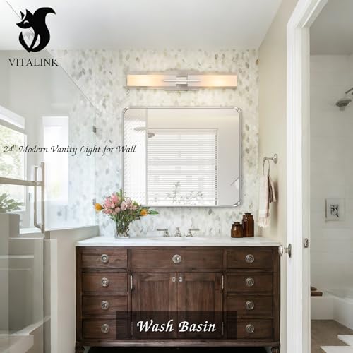 Image of VitaLink 24 inch Bathroom Vanity Light, Satin Nickel 2-Light Frosted Glass Wall Lights for Bathroom Hardwired Wall Mount Lighting Fixtures for Living Room Bedroom E12
