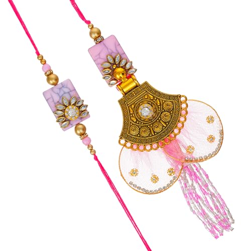 Image of Bhai Bhabhi Rakhi Set - Peacock Designer Rakhi with Stone & Pearl Work Lumba with Tassel for Bhabhi | Raksha Bandhan Gift