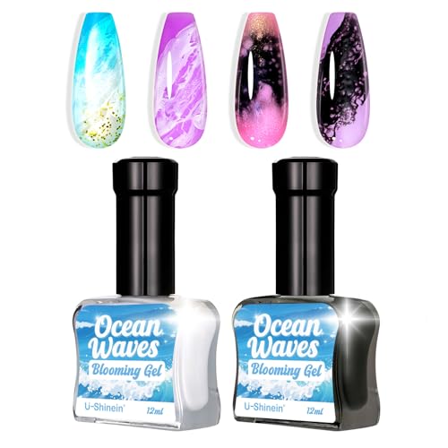 U-Shinein Blooming Gel Nail Polish, Marble Effect Nail Polish, Black&White Watercolor Ink Wave Nail Gel with Magical Diffusion Effect for Creating Lace Pattern Nail Art Soak of UV/LED 12ml