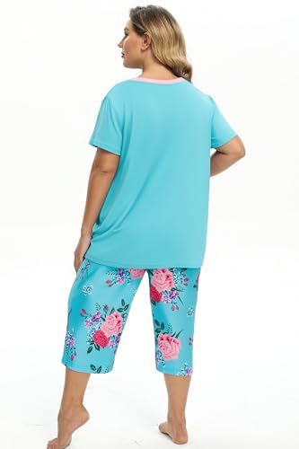 Image of Vozanet Women's Pajamas Set Soft V Neck Sleepwear Top and Capri Pj Lounge Sets Cartoon Heart Shape Cat Nighty Plus Size