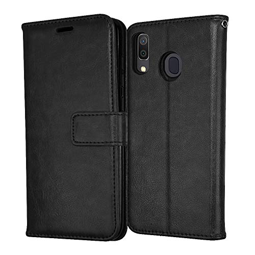 TECHGEAR Coque Compatible avec Samsung Galaxy A20e, Housse Étui Portefeuille en Cuir avec Rabat de Protection, Fentes pour Cartes, Béquille et Dragonne, Faux Cuir PU Noir pour Samsung Galaxy A20e