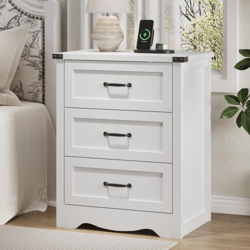 Image of Xixini Nightstand with Charging Station, 24 inch Wide Farmhouse Bedside Table with 3 Deep Storage Drawers, Modern Wood Side Table with Mental Handle, Tall End Table for Bedroom, White