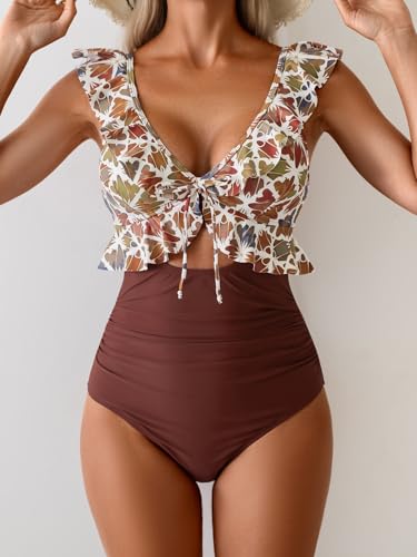 Image of Eomenie One Piece Swimsuit for Women Tummy Control Ruffle Bathing Suit V Neck Ruched Swim Suit Slimming Cutout Swimwear