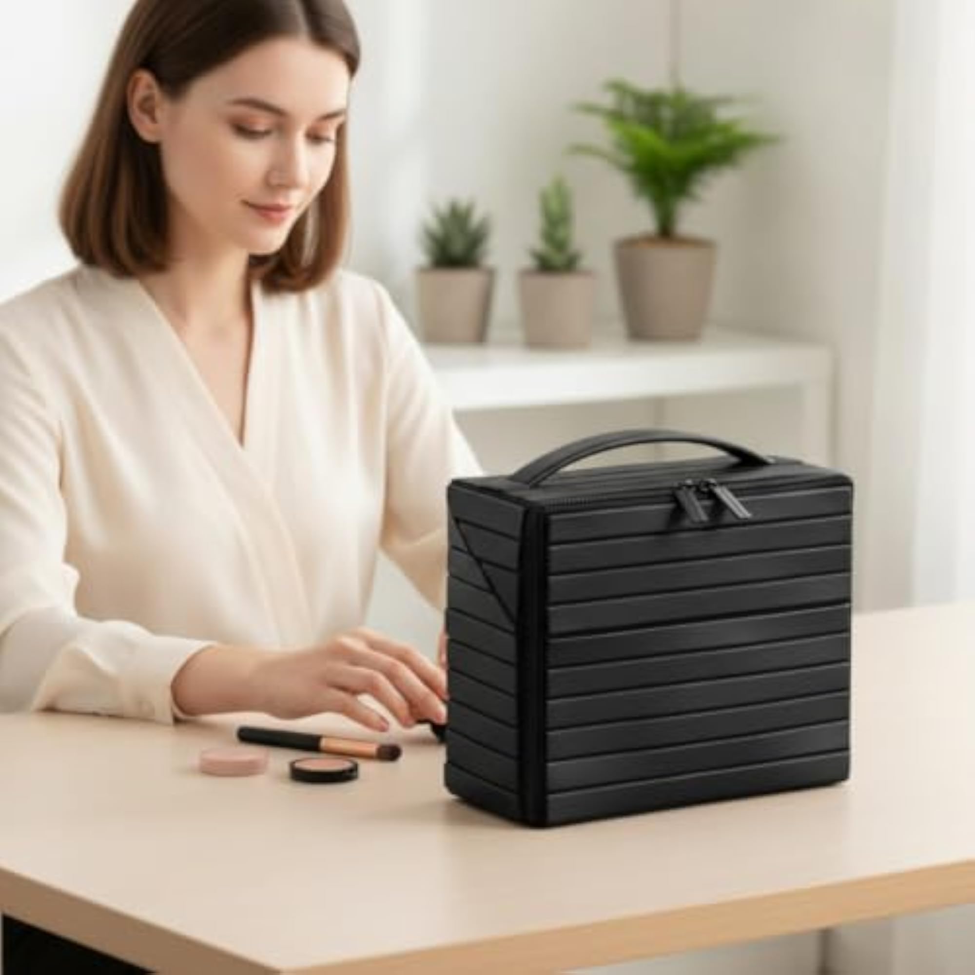 Structured Cosmetic Bag with Handle, Hard-Shell Makeup Organizer