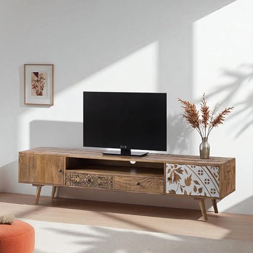 Image of The Attic Mans TV Cabinet, Solid Wood Sideboard TV Cabinet for Living Room, Wooden Free Standing TV Unit Side Board Table with Storage, Ant. Honey Matte Finish